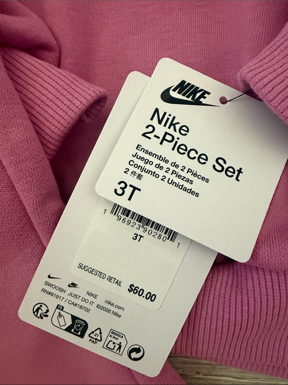 Nike Kids Pink Two Piece - Hoodie & Wide Leg Sweatpants Set 3t - Picture 3 of 4